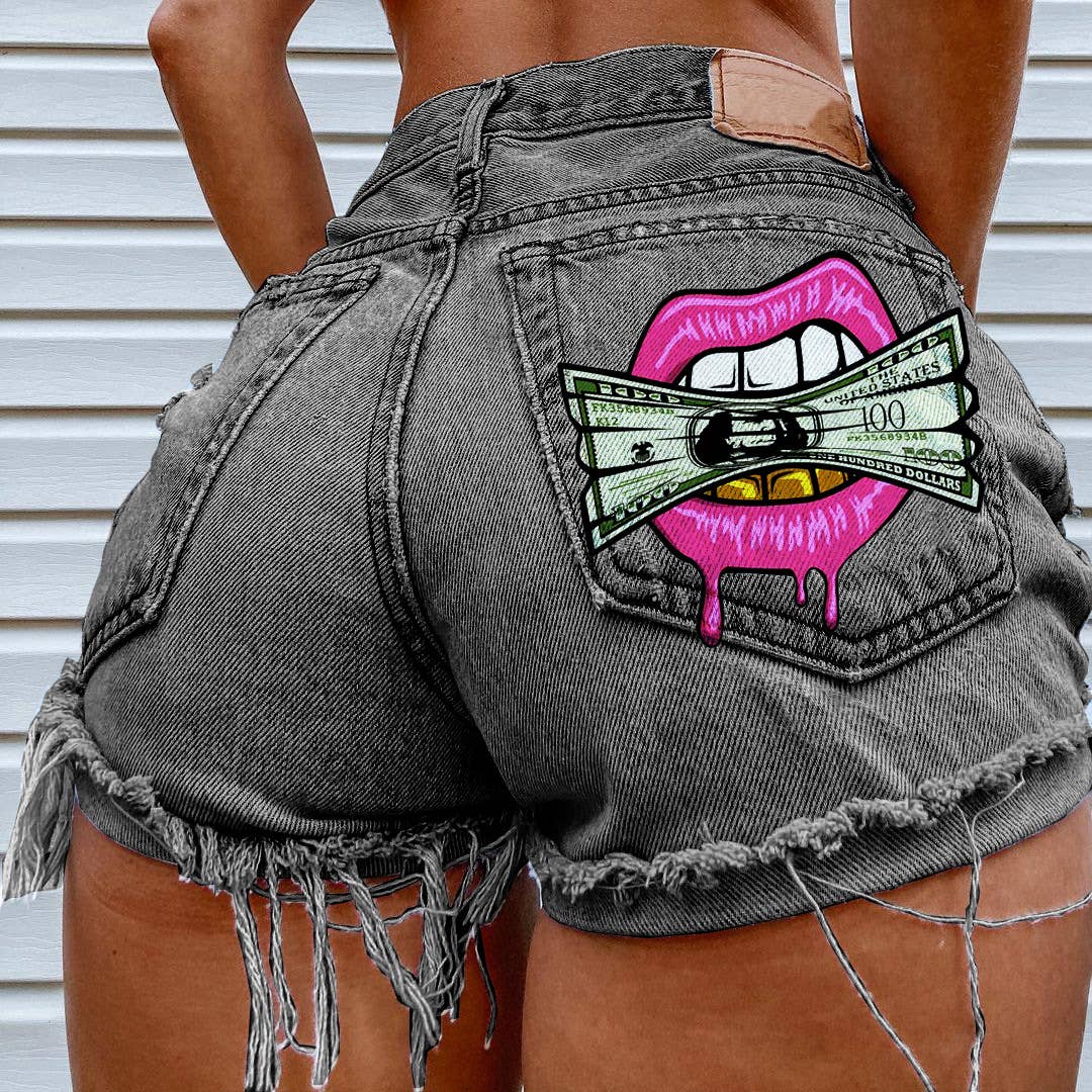 Cash in the Mouth Print Ripped Denim Shorts