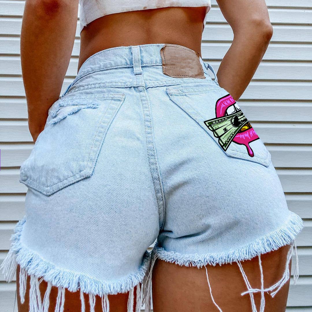 Cash in the Mouth Print Ripped Denim Shorts
