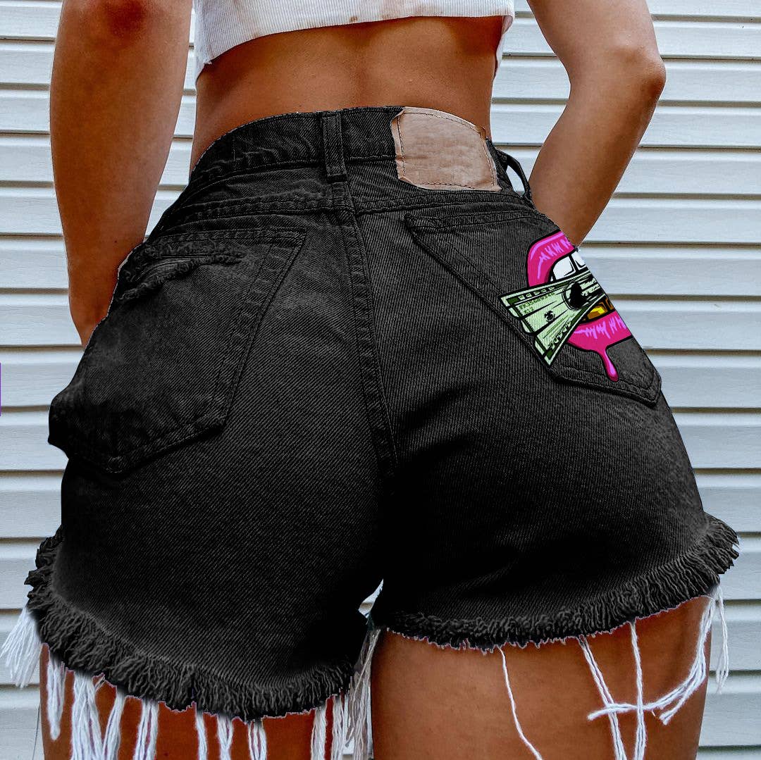 Cash in the Mouth Print Ripped Denim Shorts