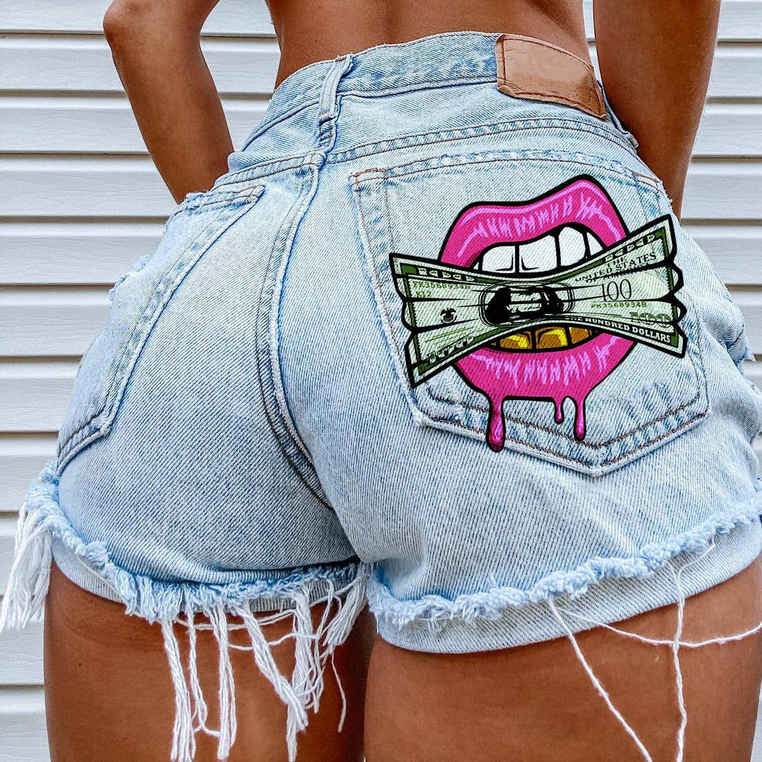 Cash in the Mouth Print Ripped Denim Shorts