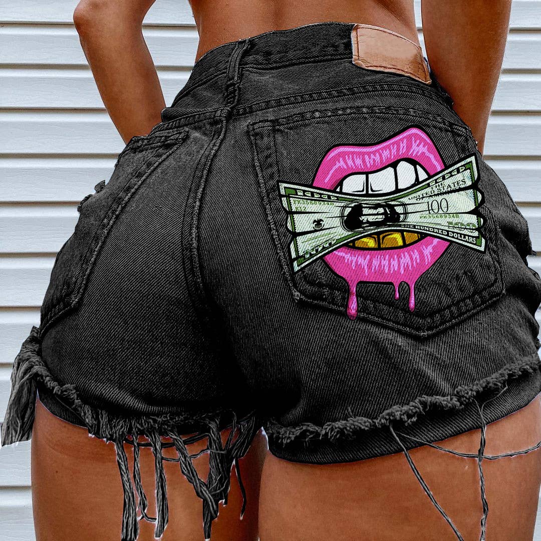 Cash in the Mouth Print Ripped Denim Shorts