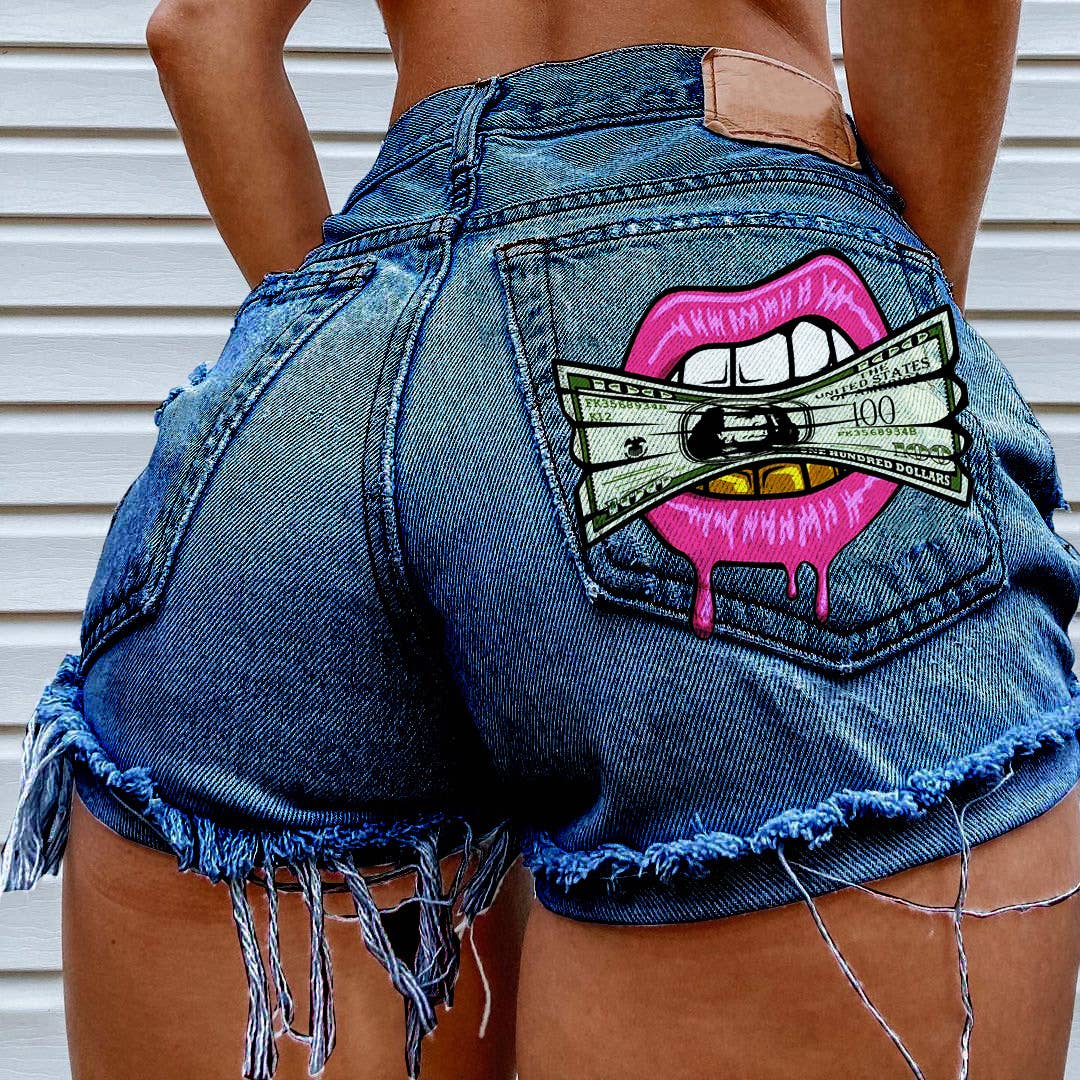 Cash in the Mouth Print Ripped Denim Shorts