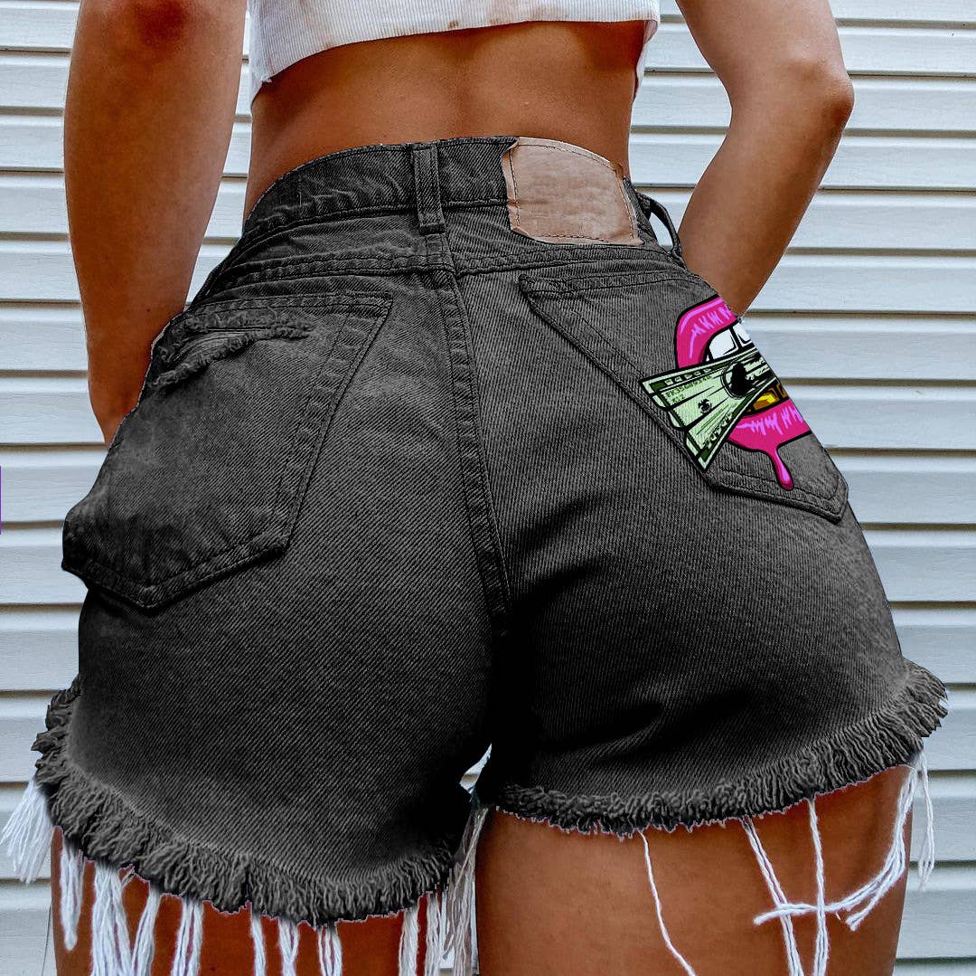 Cash in the Mouth Print Ripped Denim Shorts