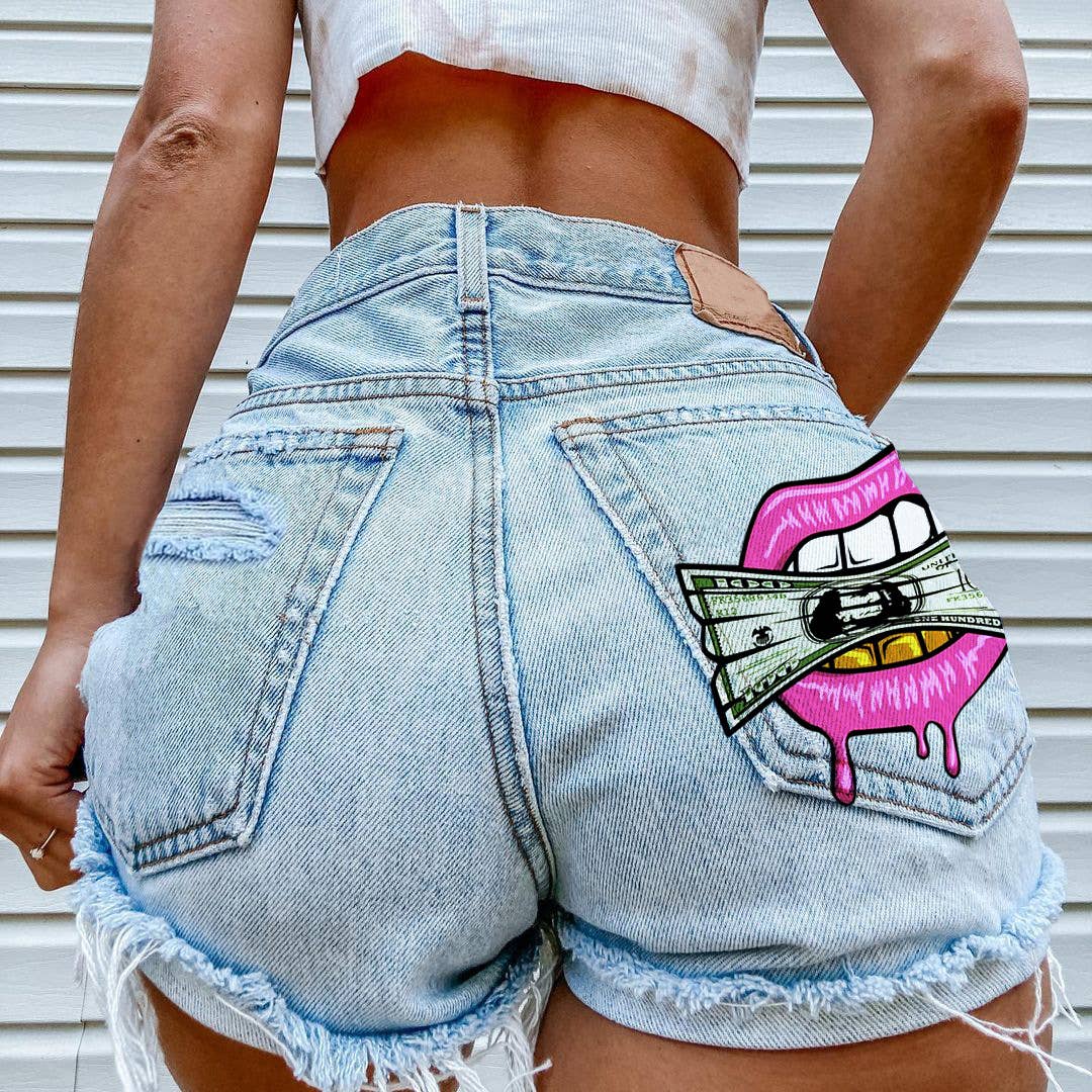 Cash in the Mouth Print Ripped Denim Shorts