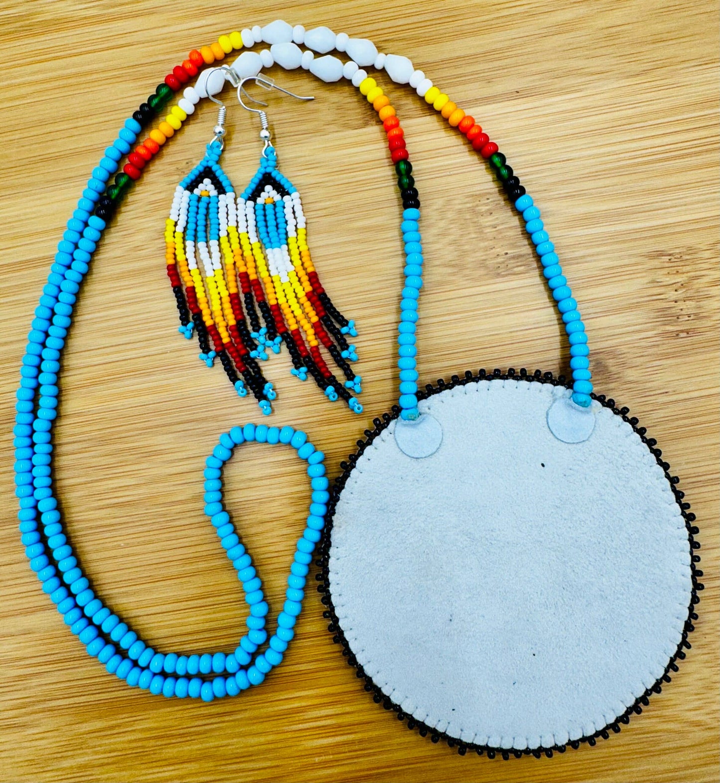Handmade beaded Cyan Blue Eagle necklace earrings set