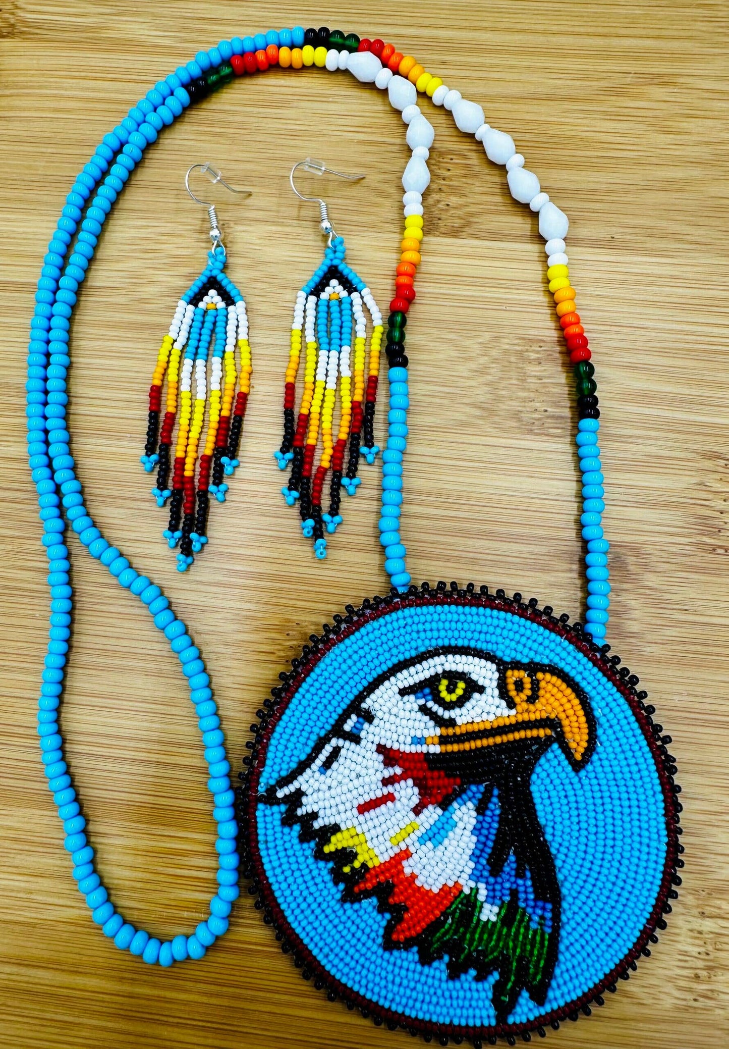 Handmade beaded Cyan Blue Eagle necklace earrings set