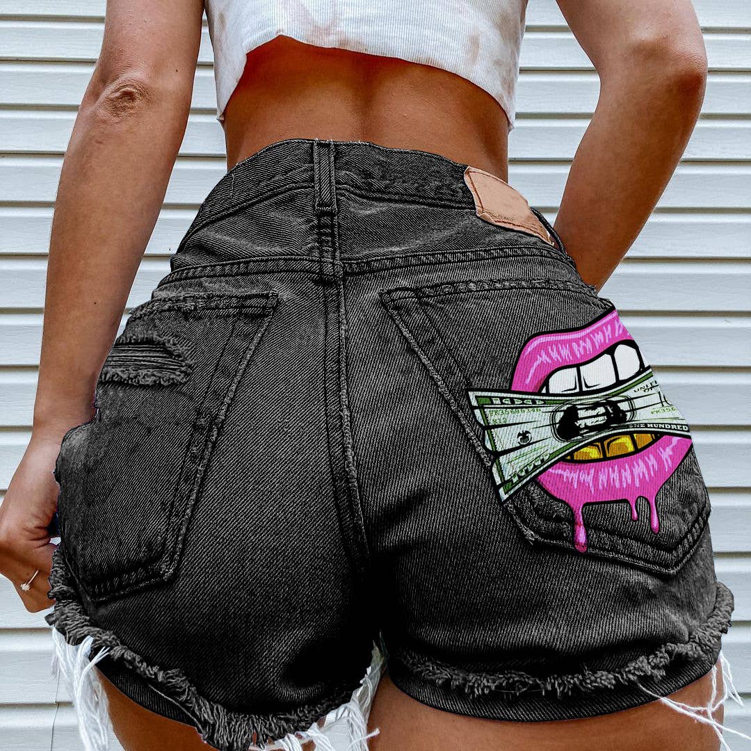 Cash in the Mouth Print Ripped Denim Shorts