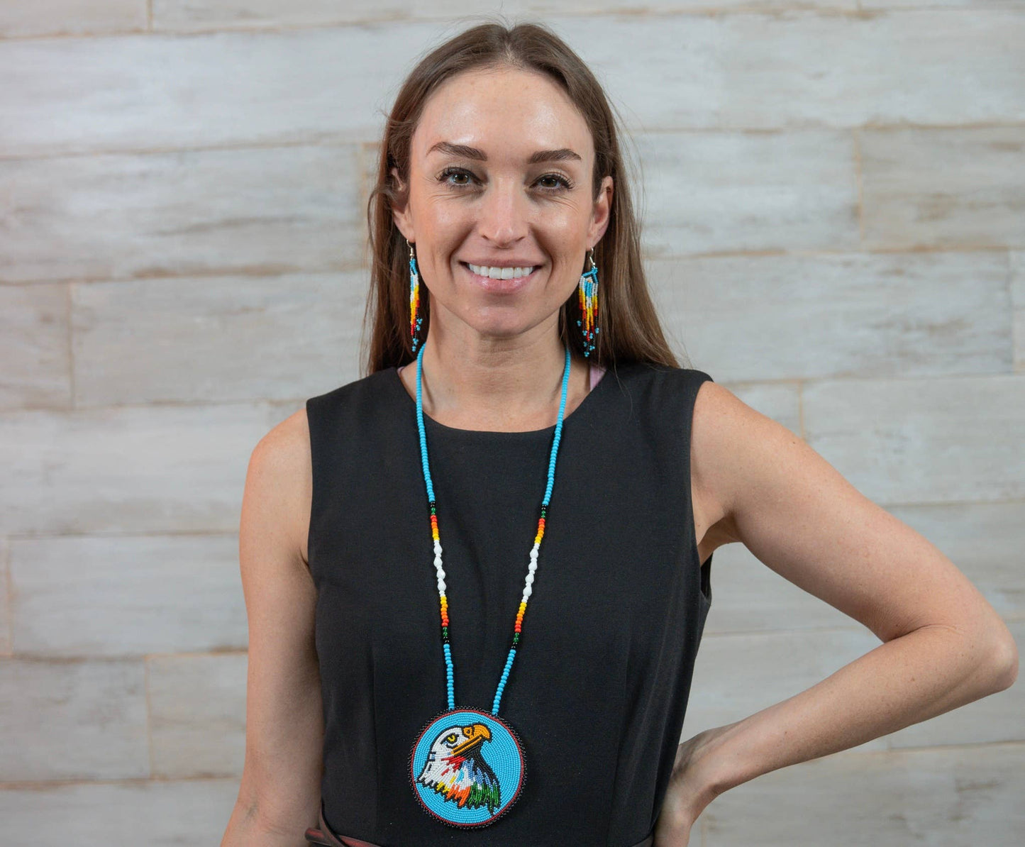 Handmade beaded Cyan Blue Eagle necklace earrings set