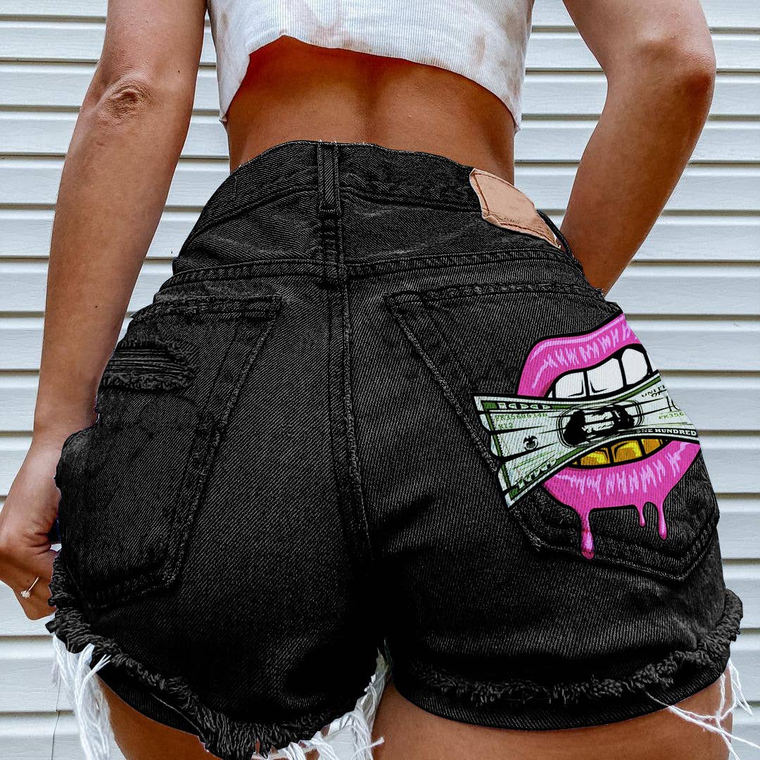 Cash in the Mouth Print Ripped Denim Shorts
