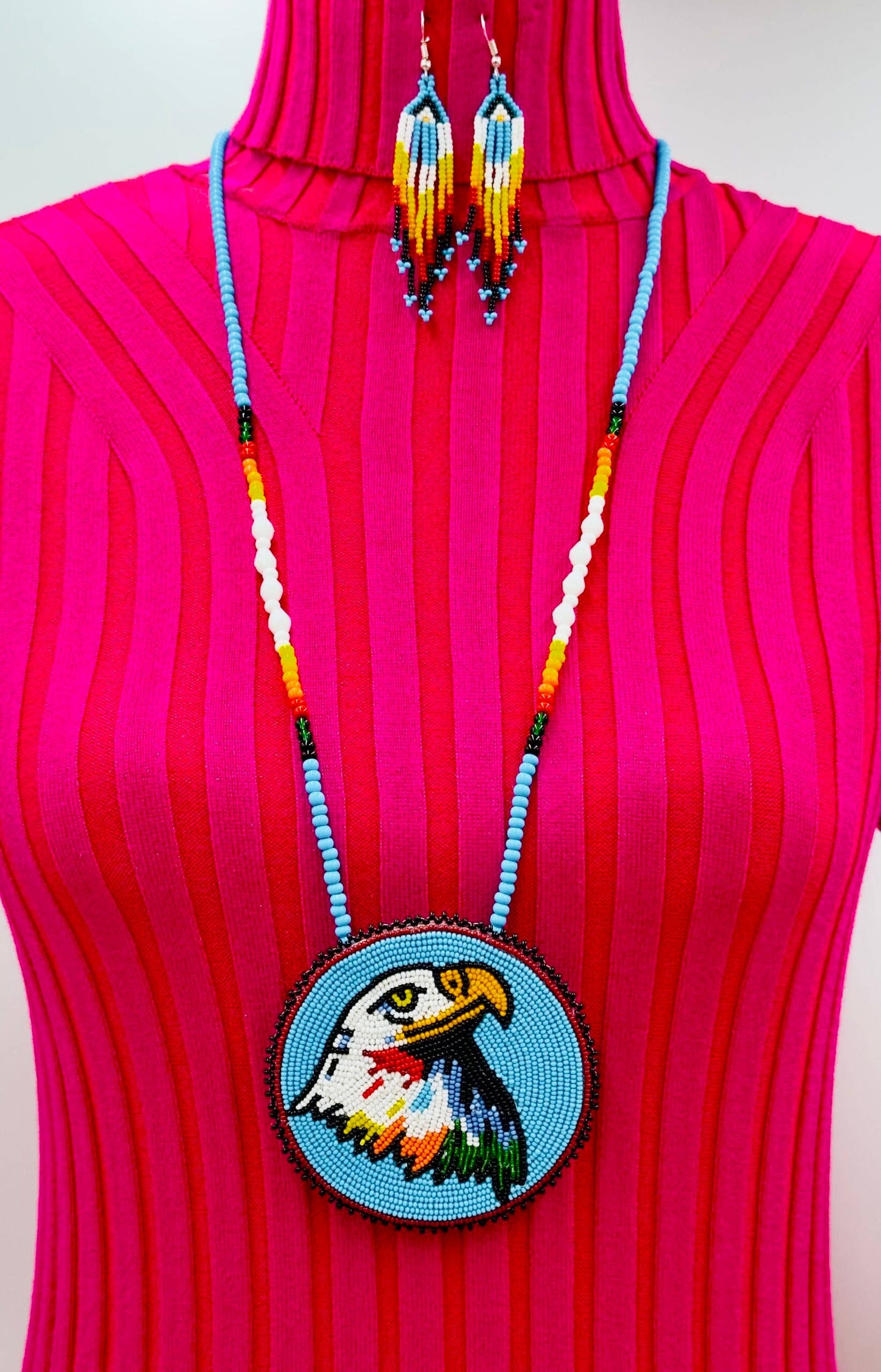 Handmade beaded Cyan Blue Eagle necklace earrings set