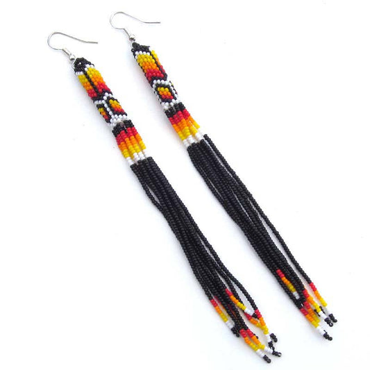 Black Fire Seed Beads Beaded Extra Long Earrings 5.5 Inch Handmade