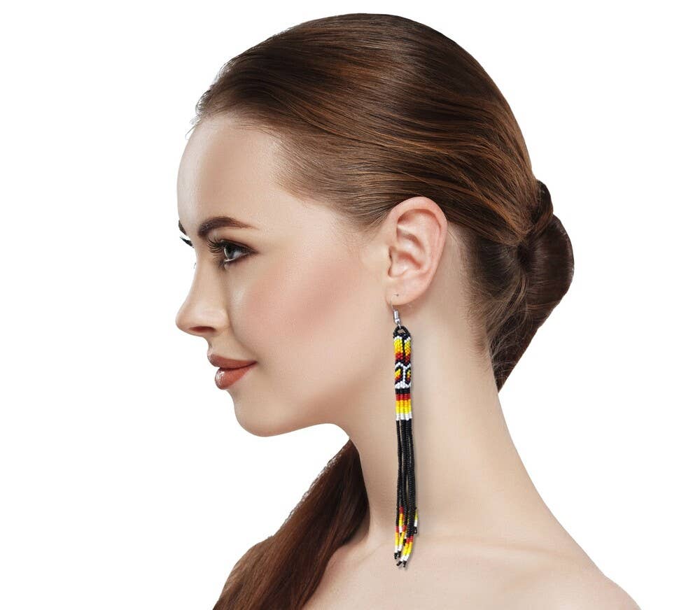 Black Fire Seed Beads Beaded Extra Long Earrings 5.5 Inch Handmade